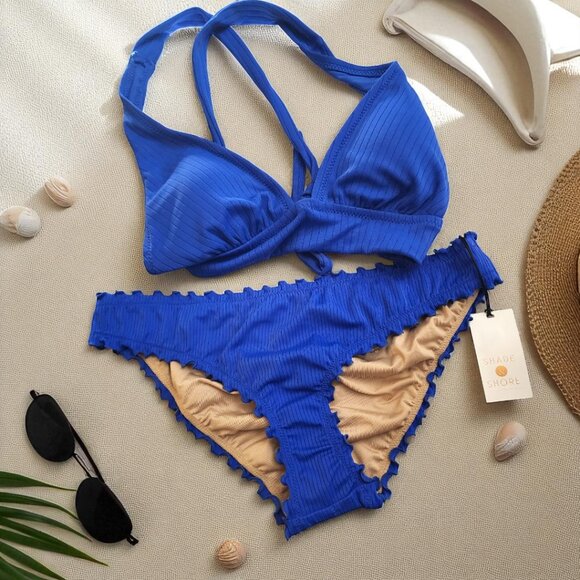 Shade & Shore Blue Bikini Set – Size M – Ruched Bottom, Ruffle Trim, NWT - Picture 2 of 4